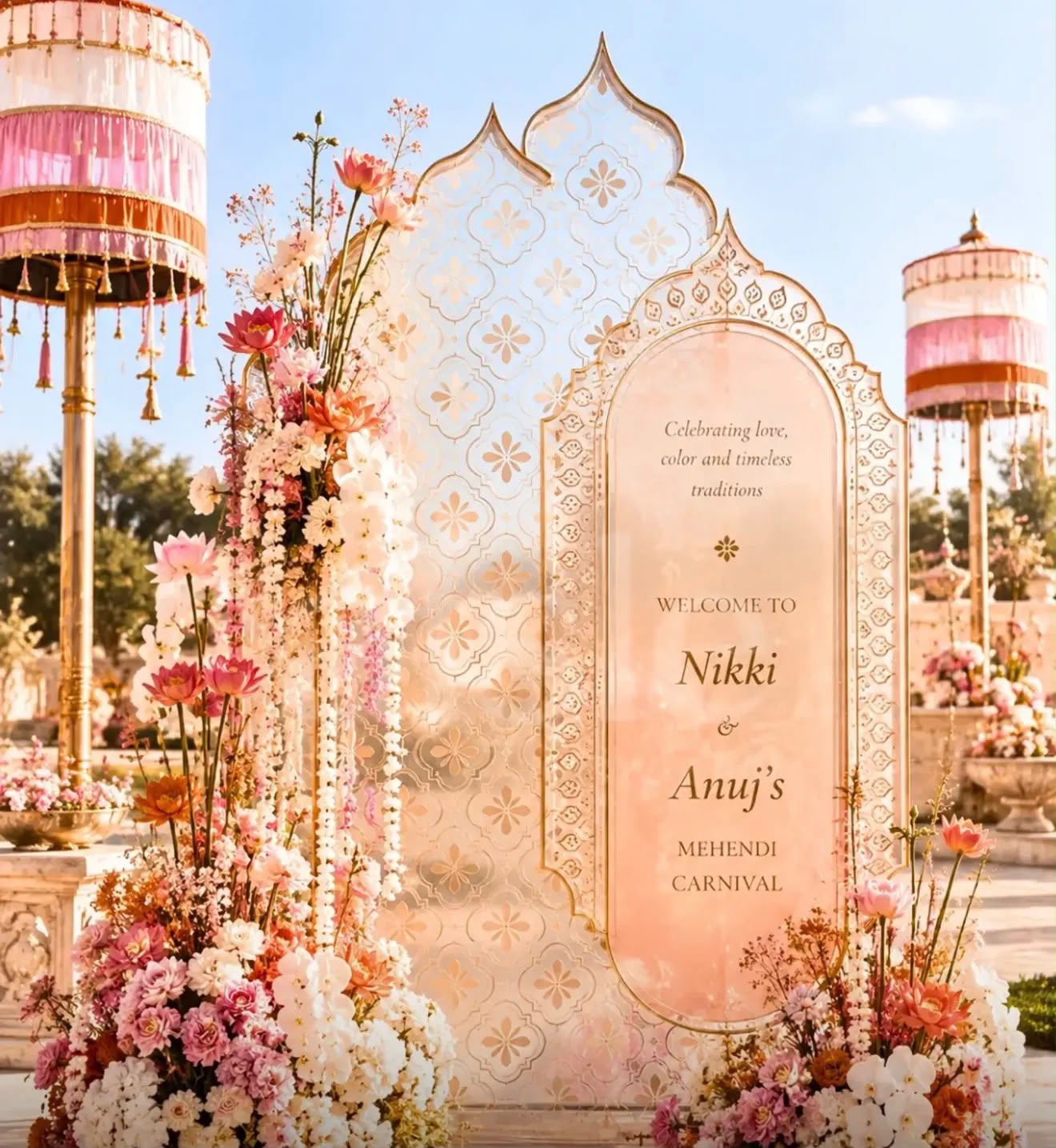 Mehendi Carnival welcome board framed by pink lotuses, orchids and tasselled umbrellas