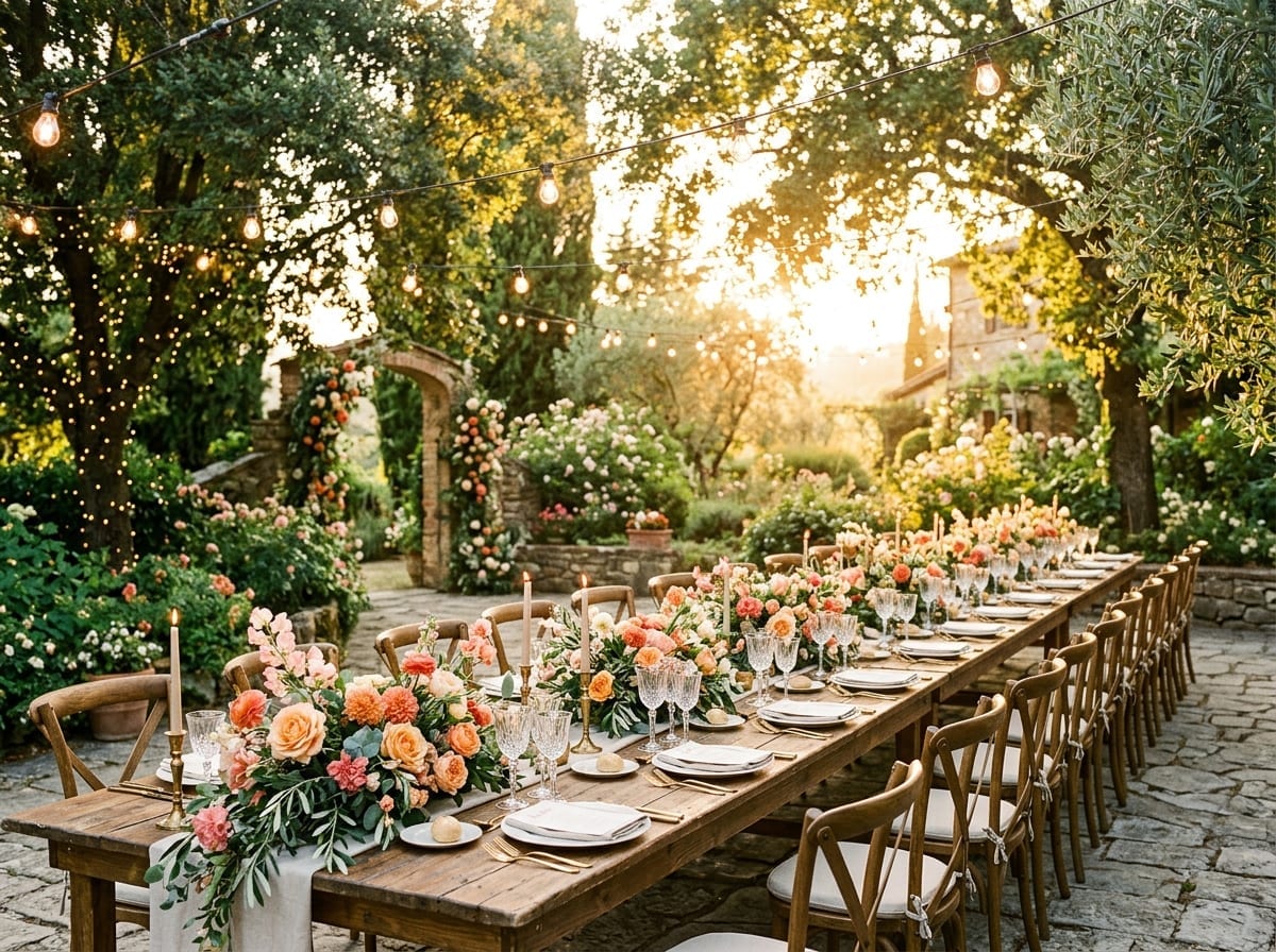Long banquet table set for an outdoor wedding dinner beneath string lights at golden hour