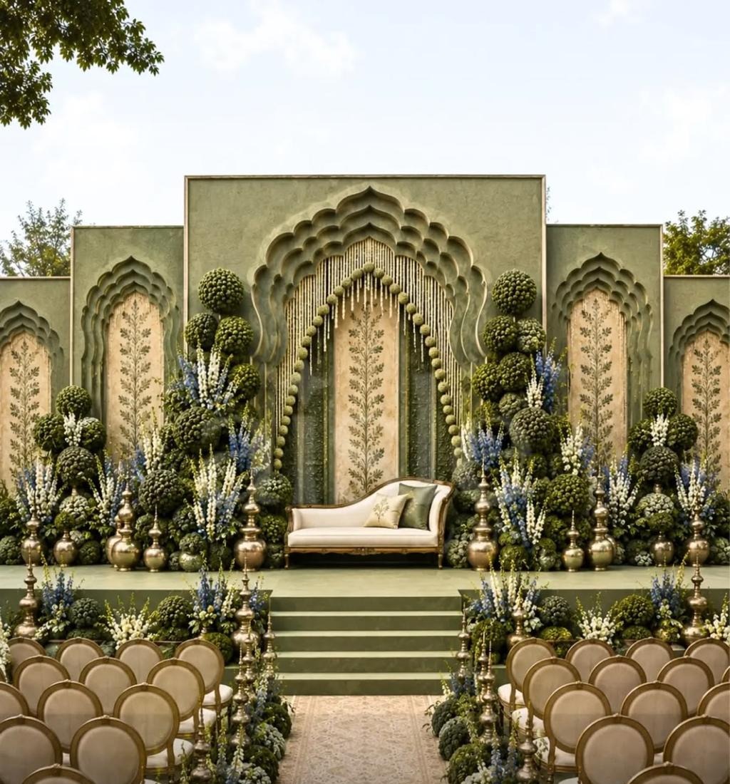 Sage-green wedding stage with carved arches, white chaise lounge, topiary florals and gilded chairs