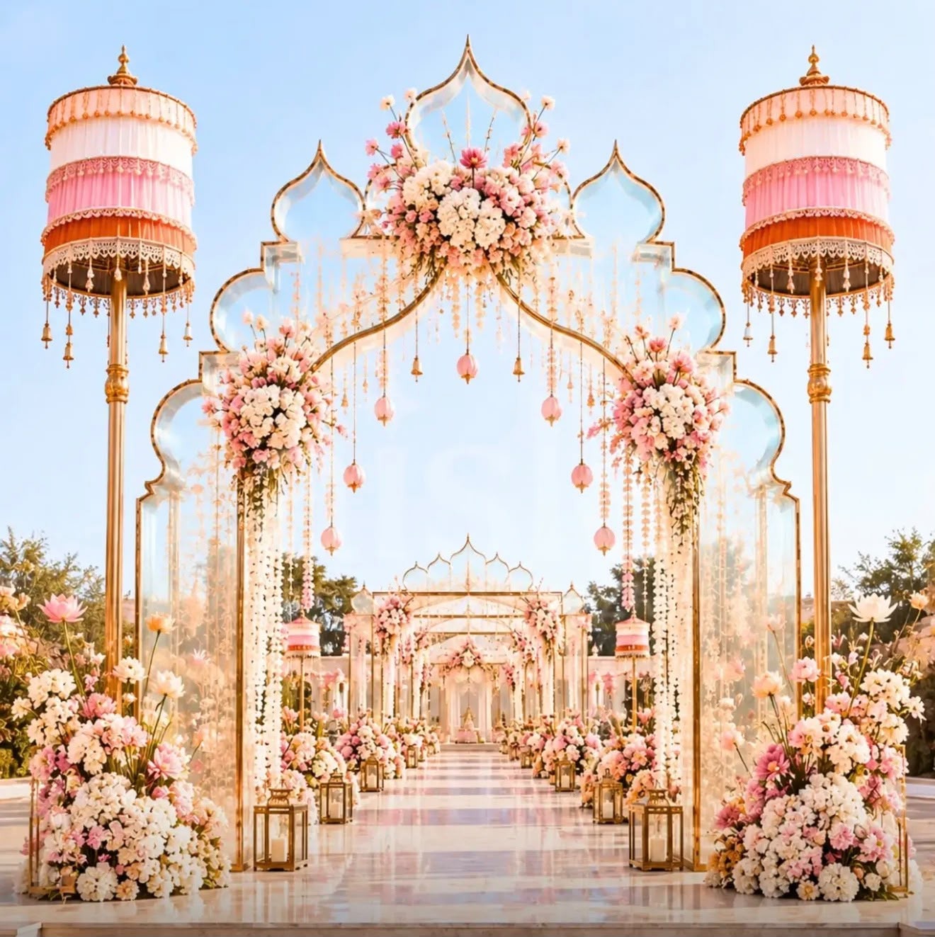 Golden scalloped arches dressed with blush and peach florals above a marble wedding aisle